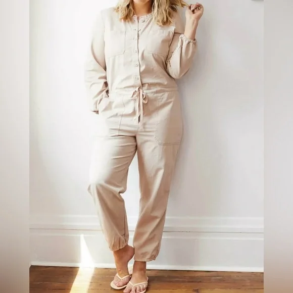 Aerie Tan Softest Utility Jumpsuit One Piece Ruffle Edge Button up Size L - Picture 10 of 10